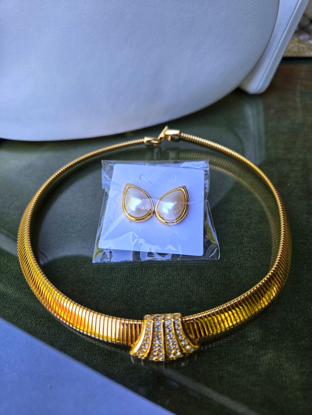 Napier Gold Collar Necklace with Monet Pearl-Tone Earrings